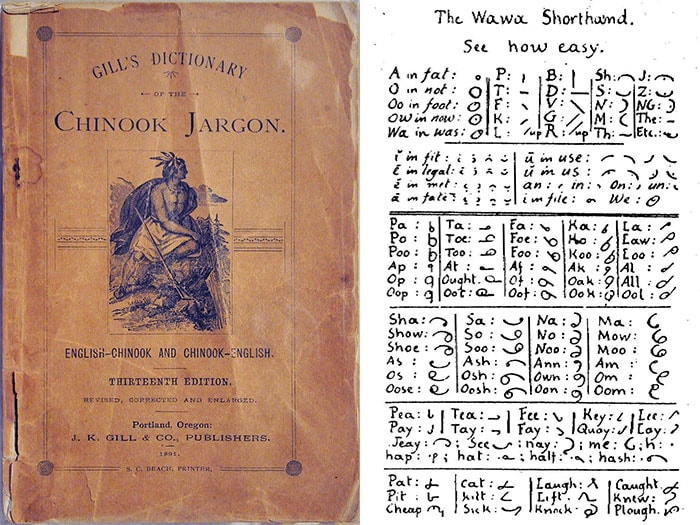 The image shows the cover of "Gill's Dictionary of the Chinook Jargon" and a chart for writing the Waxx Shorthand, illustrating various symbols and their English phonetic equivalents. The dictionary cover is worn with visible aging, and the chart is handwritten.