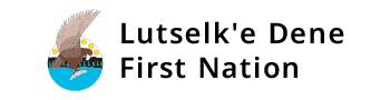 The image features the logo of Lutselk'e Dene First Nation. The logo includes an eagle with spread wings, mountains, and water in a circle on the left. The text "Lutselk'e Dene First Nation" is on the right of the logo.